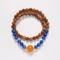 Double-wrap bead bracelet with brown wood beads, blue lapis and amber accent - Huanshan Xiyue (Kyanite + Bodhi Double Loop)