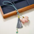 Pink lucky cat lacquer pendant with grey tassel and Good Luck charm on braided rope - Lacquer Cat Wealth God Peanut Car Charm (Random Color)