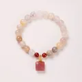 8mm natural purple stone beaded bracelet with square agate pendant and floral clasp - Red Agate Yanyuan Wushi Card Style