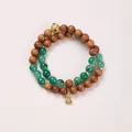 Double-layer wood and green jade bead bracelet featuring a golden gourd lucky charm pendant - Double Wrap Style (QSFZC082J099) / Deep Color African Jade Sandalwood