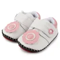 Detail of white PU leather baby shoes with pink floral accents and velcro closure - 12cm / White with Sunflower