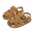 Detail of tan suede baby sandals featuring a closed-toe design and bronze metal buckle - 12cm (6-12 Months) / Yellow Brown