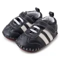 Dark blue baby walking shoes with white triple stripes and secure velcro strap - 12cm / Striped Navy Blue