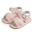 Breathable baby sandals in soft pink leather with cross straps and adjustable buckles - 12cm (6-12 Months) / Pink