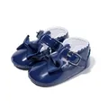Navy blue shiny patent leather baby walker shoes with silk ribbon bow and soft sole - 12cm / Blue