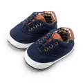 Navy canvas baby shoes with brown leather trim and soft sole for pre-walkers - 13cm (12-18 Months) / Dark Blue