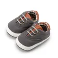 Dark grey soft-sole canvas baby shoes with brown leather accents and plaid lining - Dark Gray