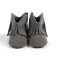 Detail view of baby suede boots featuring side zipper and decorative fringe trim - Dark Gray