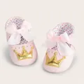 Roze baby loopschoentjes met gouden kroon, zijden strik en zachte antislipzolen voor baby's - 11cm (0-6 Maanden) / Roze Goud
