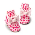 Pink winter baby shoes with red hearts, a soft bow, and warm fleece lining - 13cm (12-18 Months) / Heart Pink