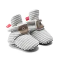 Gray and white striped baby sock shoes with soft non-slip soles and buckle strap - Light Gray