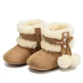 Brown infant winter snow boots with white faux fur trim and cute decorative pom-poms - 11cm (0-6 Months) / Brown