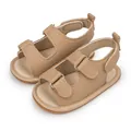 Brown leather baby sandals with anti-slip rubber soles and double hook-and-loop straps - 11cm (0-6 Months) / Khaki