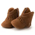 Brown suede baby boots with tassel fringe, side zipper, and non-slip soft soles - Dark Coffee