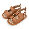 Detail of brown faux leather baby sandals featuring double velcro straps and soft sole - 11cm (0-6 Months) / Brown
