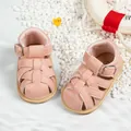 Pink soft-soled baby summer sandals with non-slip rubber soles and buckle straps - 10cm / Braided Hollow Style / Pink