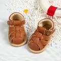 Brown woven leather baby sandals with anti-slip soft soles and adjustable side buckles - 13cm / Braided Hollow Style / Brown