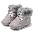Grey baby winter boots with silver polka dots, faux fur trim and soft non-slip soles - 12cm / Gray