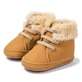 Infant winter snow boots in camel faux suede with plush fur collar and soft non-slip sole - 12cm / Brown