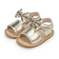 Golden baby girl sandals with large bow, lychee grain leather and hook loop closure - 11cm (0-6 Months) / Gold