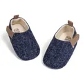 Detail of baby walking shoes showing breathable navy tweed fabric and soft inner lining - L (12-18 Months) / Blue