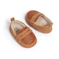 Detail of baby loafer in brown faux leather with decorative stitching and soft inner sole - 12-18M / Brown