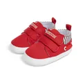Red canvas baby walking shoes with white rubber sole and double Velcro fashion straps - 12cm (6-12 Months) / Red