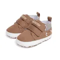 Brown infant walking shoes with double Velcro straps and soft white non-slip soles - 12cm (6-12 Months) / Brown