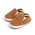 Plush brown sherpa baby walking shoes with white non-slip soles and elastic heel straps - 12cm (6-12 Months) / Brown
