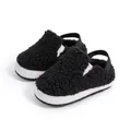 Warm black fleece baby walking shoes with white contrast and elastic heel strap - 12cm (6-12 Months) / Black