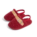 Dark red plush baby walking shoes with leather strap and silver buckle detail - 12cm (6-12 Months) / Burgundy
