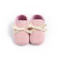 Pink striped baby walker shoes with decorative soft cream satin bow and flexible sole - 11cm / Striped Pink