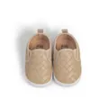 Slip-on baby walking shoes with light brown woven leather texture and soft white sole - Large / Beige