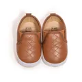 Brown woven texture baby slip-on walkers with soft soles and elastic side bands - Large / Brown