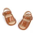 Detailed top view of brown baby sandals with floral accents and laser-cut wavy edges - 11cm (0-6 Months) / Brown