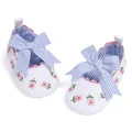 Infant princess shoes in pink floral embroidery with a blue striped bow design - 11cm / White