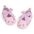 Pink striped bow baby princess shoes with floral embroidery and soft soles - 11cm / Pink
