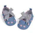 Blue denim baby walker shoes featuring pink floral embroidery and striped bow detail - 11cm / Blue