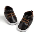 Baby fashion sneakers with black and brown leather stitching and velcro soft soles - 11cm (0-6 Months) / Black