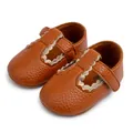 Bruine baby Mary Jane schoentjes met kiezelleder textuur en gegolfde gouden randen - 11cm (0-6 Maanden) / Bruin