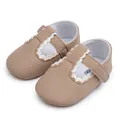Lichtbruine PU-lederen baby loopschoentjes met witte geschulpte randen en klittenband - 11cm (0-6 Maanden) / Abrikoos