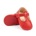 Red faux leather Mary Jane baby shoes with T-strap buckle and scalloped edge trim - 11cm (0-6 Months) / Red