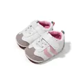 White infant walking shoes with pink stripes and soft PU sole for baby boys and girls - 12cm / Pink