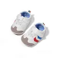 Infant PU leather walking shoes in white with red and blue V-shaped side straps - 11cm / Blue