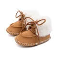 Lace-up baby winter boots in camel suede with warm plush lining and moccasin stitching - 12cm / Brown