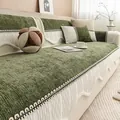 Funda de sofá de chenilla verde oscuro con bordes de encaje blanco y textura de rayas - 70cmx70cm / Verde Oscuro