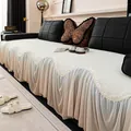 Copridivano in ciniglia beige con bordo in pizzo a rete giallo e frange dorate - 70*70cm / Bianco Sporco
