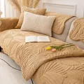 Caramel velvet sofa cover with embossed leaf patterns and elegant wavy scalloped edges - 70x70cm / Golden Leaf - Warm Coffee Brown