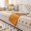 Funda de sofá de chenilla con patrones geométricos étnicos en crema, naranja y azul - 70*70cm / Blanco Roto
