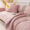 Plush pink velvet sofa cover set with embossed feather pattern and wavy edges - 70x70cm / Golden Leaf - Lotus Root Pink